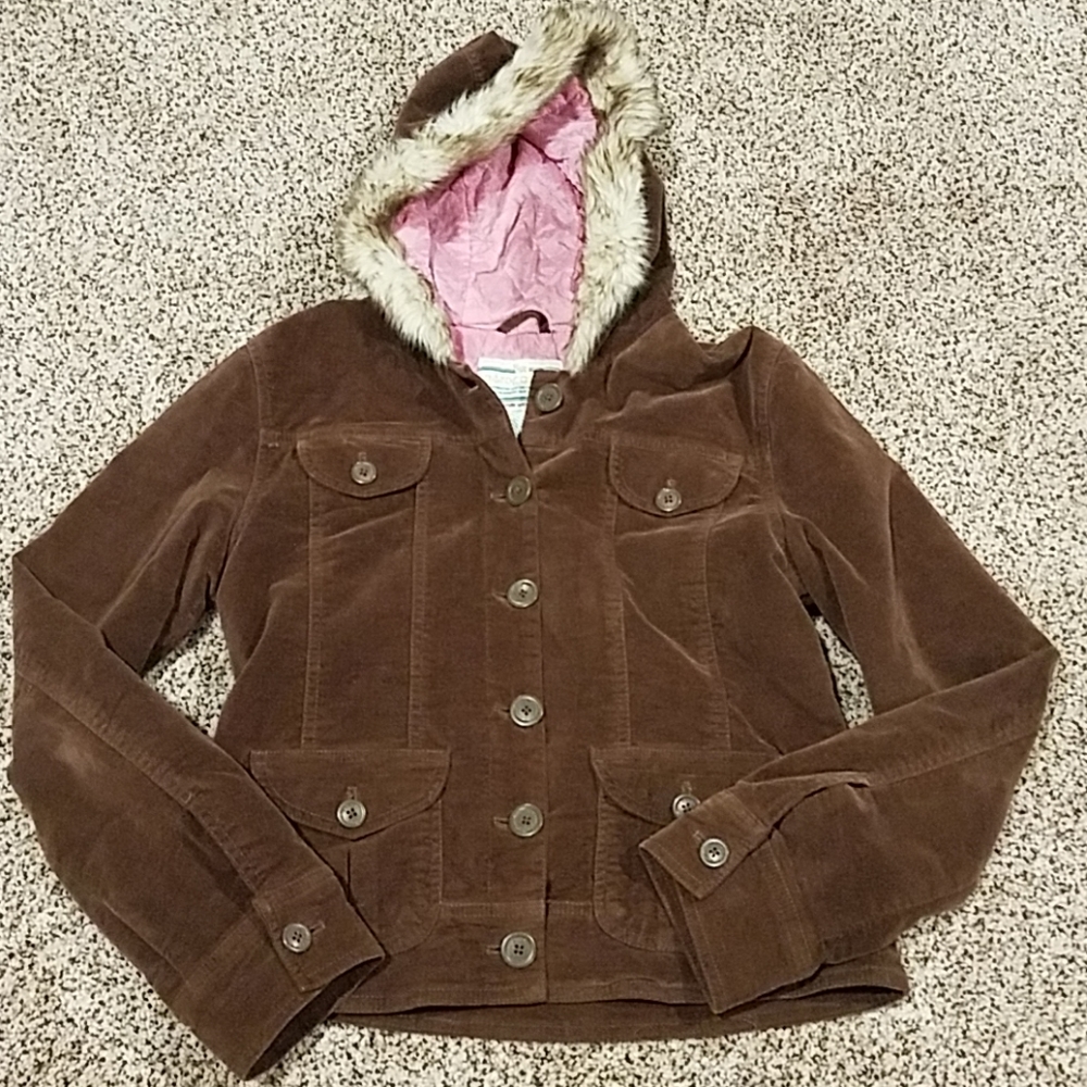 Aerpostale brown coat with fur trimmed hood